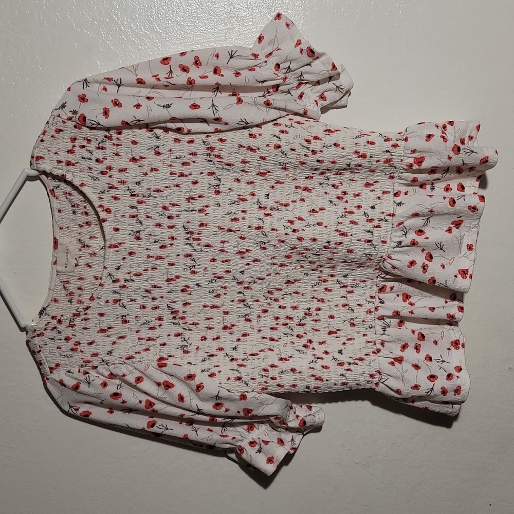 Melloday White Red Floral Peplum Blouse Short Top sz M GUC